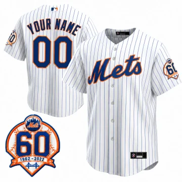 White New York Mets 60th anniversary pinstripe jersey, front and back with YOUR NAME 00 and anniversary sleeve patch.