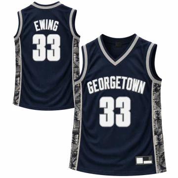 Patrick Ewing Georgetown Hoyas number 33 navy basketball jersey front and back