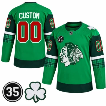 Chicago Blackhawks St Patrick's Day green warm-up jersey front and back with 35 and shamrock patch details