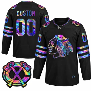 Custom Chicago Blackhawks iridescent holographic black jersey front and back with shoulder patch detail