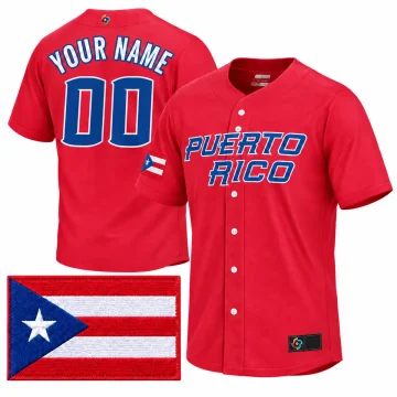Front and back of a custom red Puerto Rico baseball jersey with YOUR NAME 00, flag on the wearer's right sleeve, and one enlarged flag patch on white.