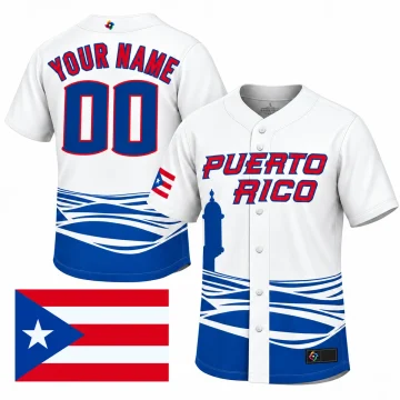White Puerto Rico custom baseball jersey, front and back with YOUR NAME and 00, blue wave hem and Puerto Rico flag patch on a white background.