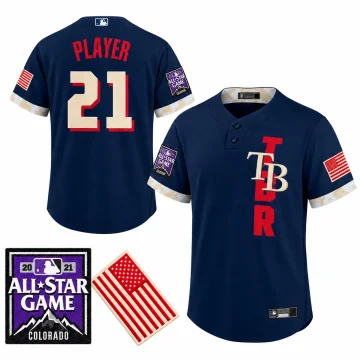 Navy Tampa Bay Rays 2021 All-Star Cool Base PLAYER 21 jersey, front and back without back stars, with Colorado right-sleeve patch and red-and-cream USA left-sleeve flag; two enlarged matching corner patches.