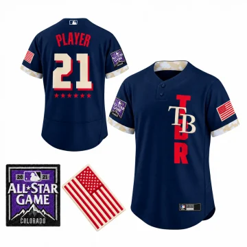 Navy Tampa Bay Rays 2021 All-Star PLAYER 21 jersey, front and back, with Colorado All-Star right-sleeve patch and red-and-cream USA left-sleeve flag; two matching enlarged corner patches.
