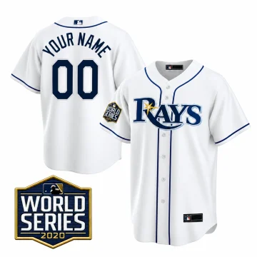 White Tampa Bay Rays YOUR NAME 00 jersey, front and back, with 2020 World Series right-sleeve patch and one enlarged matching patch on white.