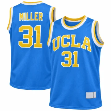 Reggie Miller UCLA Bruins number 31 blue basketball jersey with gold and white lettering and trim, front and back
