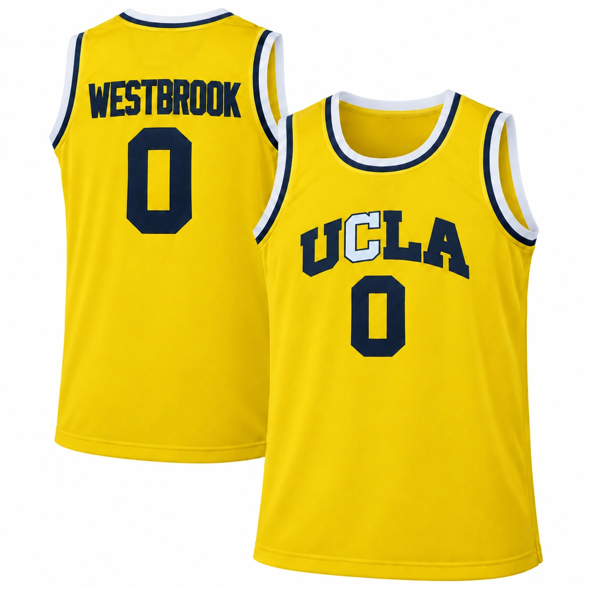 Russell Westbrook UCLA Bruins 0 Gold Basketball Jersey Main 001-139962 Russell Westbrook UCLA Bruins number 0 gold basketball jersey with contrasting UCLA lettering and navy and white trim, front and back