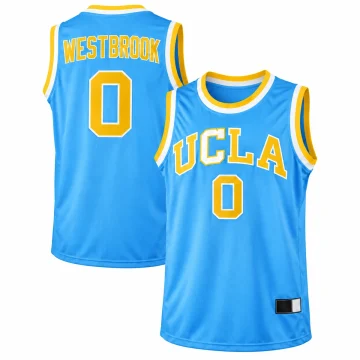 Russell Westbrook UCLA Bruins number 0 light blue basketball jersey with gold and white lettering and trim, front and back