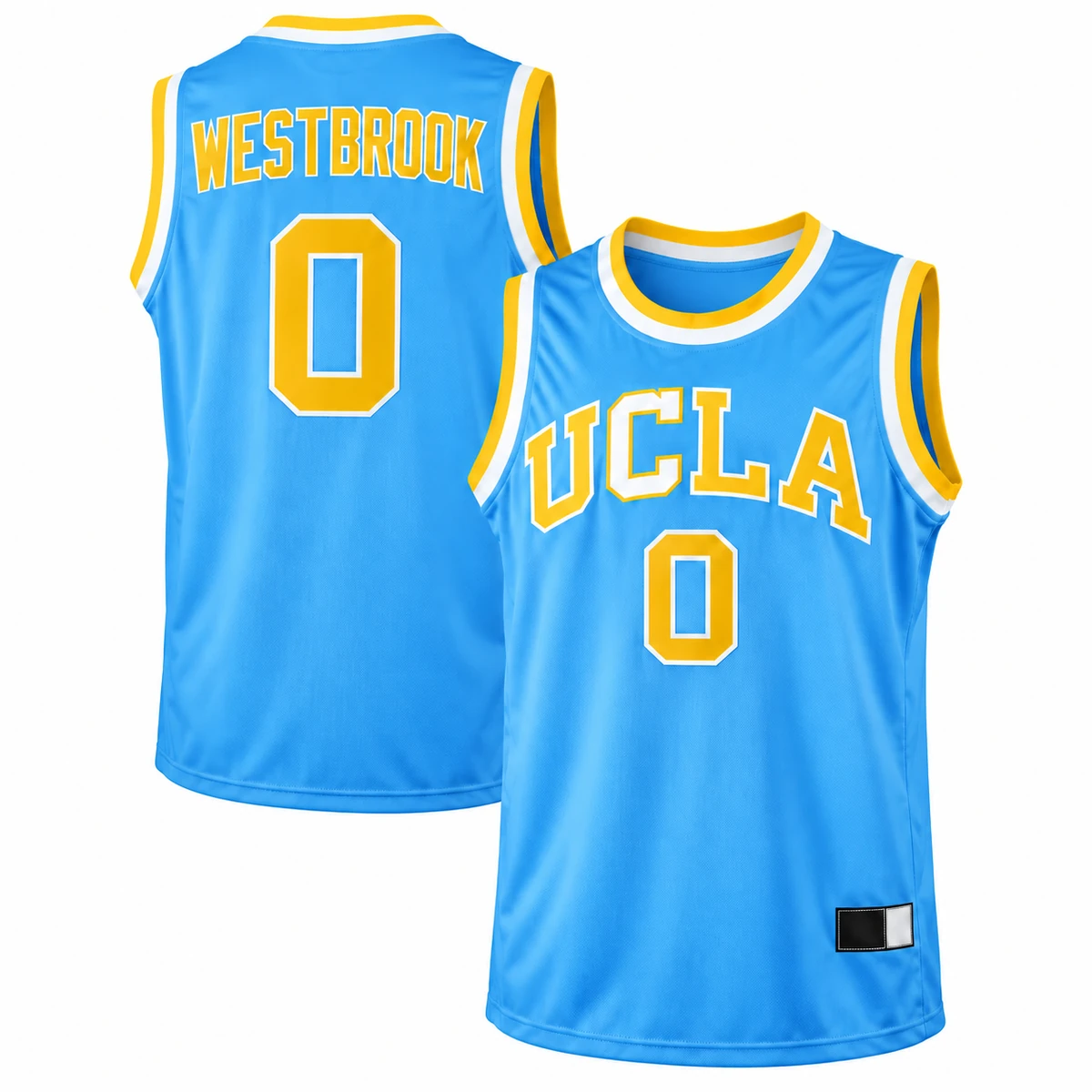 Russell Westbrook UCLA Bruins 0 Light Blue Basketball Jersey Main 001-88026 Russell Westbrook UCLA Bruins number 0 light blue basketball jersey with gold and white lettering and trim, front and back
