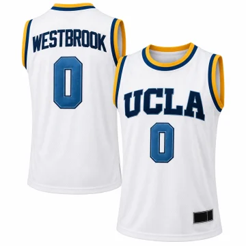 Russell Westbrook UCLA Bruins number 0 white basketball jersey with navy lettering, blue numbers and navy and gold trim, front and back