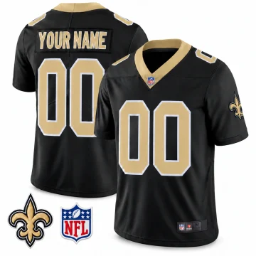 New Orleans Saints black custom jersey front and back, gold 00 and YOUR NAME, enlarged team and NFL patches, original hem label preserved without Nike logo