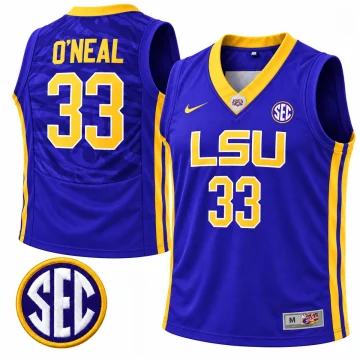 Shaquille O'Neal LSU Tigers number 33 purple and gold basketball jersey in a broad-shouldered straight mens form, front and back with Nike logo, SEC patch and complete labels