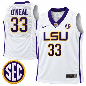 Shaquille O'Neal LSU Tigers number 33 white basketball jersey with purple and gold lettering, Nike logo, SEC patch, NIKE FIT label and gray tiger back graphic, front and back