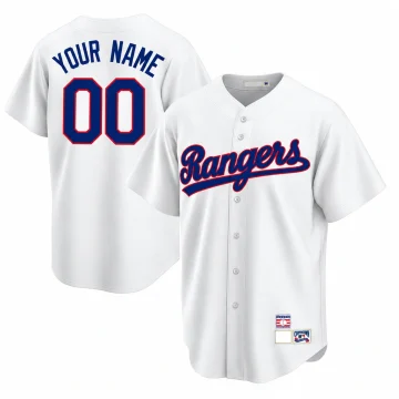 Custom white Texas Rangers Cooperstown jersey front and back with YOUR NAME and00, white background.