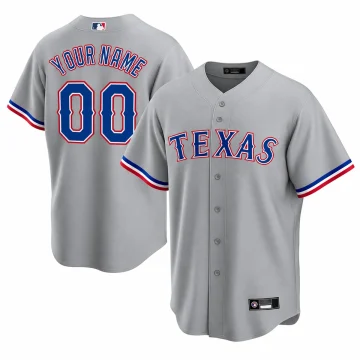 Custom gray Texas Rangers jersey front and back with YOUR NAME and00 on white background.