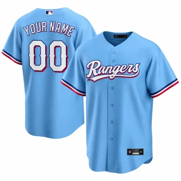 Custom Texas Rangers light blue jersey front and back with YOUR NAME and00, white background.