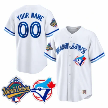 White Toronto Blue Jays custom YOUR NAME 00 Cooperstown jersey front and back with historical bird and 1992 World Series patch insets