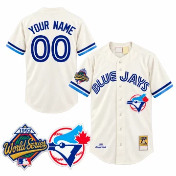 Cream Toronto Blue Jays custom YOUR NAME 00 jersey front and back with historical bird and 1992 World Series patch insets