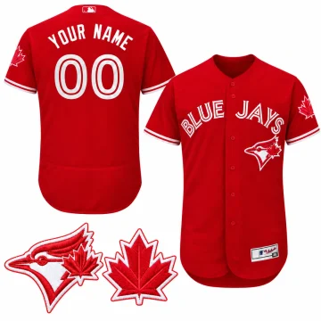 Scarlet Toronto Blue Jays Canada Day Flex Base custom YOUR NAME 00 jersey front and back with red white bird and maple leaf sleeve emblem insets
