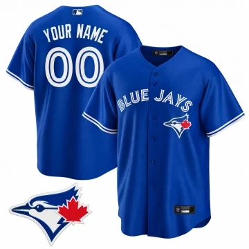 Royal Toronto Blue Jays Cool Base custom YOUR NAME 00 jersey front and back with bird and red maple leaf chest emblem inset