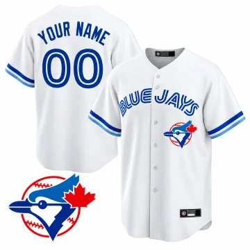 White Toronto Blue Jays Cooperstown custom YOUR NAME 00 jersey front and back with retro blue bird red maple leaf and baseball emblem inset