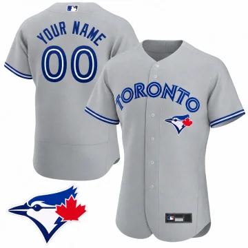 Gray Toronto Blue Jays Flex Base road custom YOUR NAME 00 jersey front and back with blue bird and red maple leaf chest emblem inset
