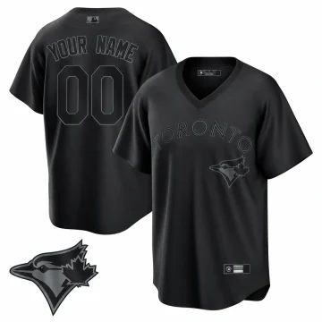 Black Toronto Blue Jays Pitch Black custom YOUR NAME 00 jersey front and back with tonal charcoal bird and maple leaf chest emblem inset
