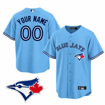 Powder blue Toronto Blue Jays Cool Base custom YOUR NAME 00 jersey front and back with bird and red maple leaf chest emblem inset