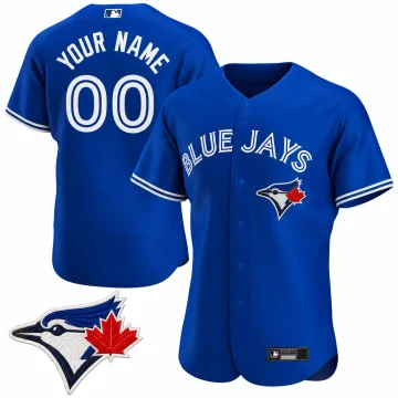 Royal Toronto Blue Jays custom YOUR NAME 00 jersey full front and back, with bird head and red maple leaf chest emblem inset