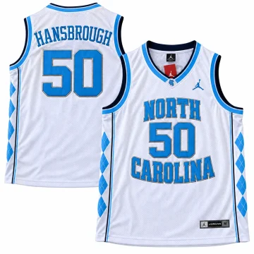 Tyler Hansbrough North Carolina Tar Heels number 50 white basketball jersey with blue lettering, argyle side panels, Jumpman logo and complete labels, front and back