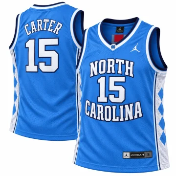 Vince Carter North Carolina Tar Heels number 15 light blue basketball jersey with white and navy lettering, argyle side panels, Jumpman mark and Jordan labels, front and back