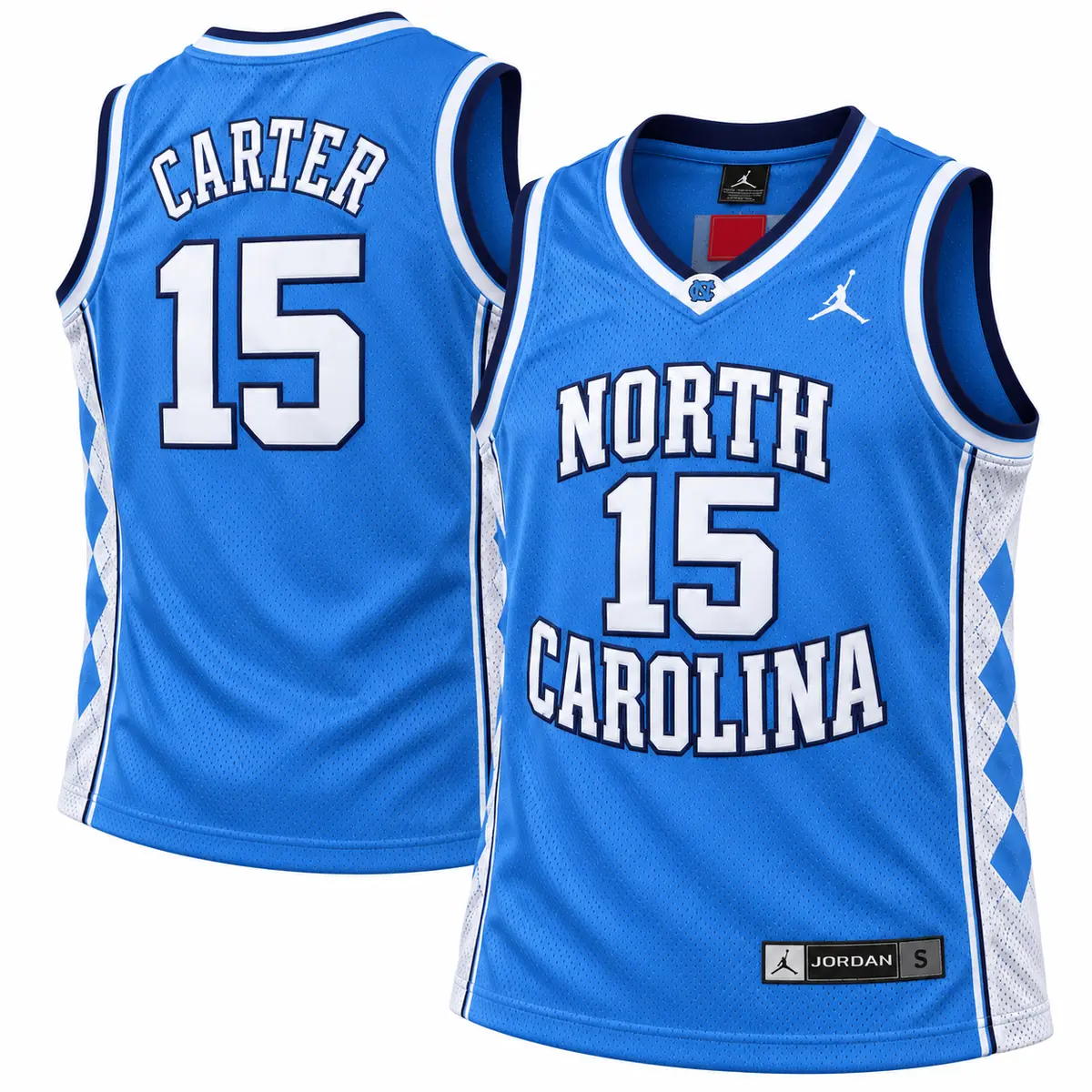 Vince Carter North Carolina Tar Heels 15 Light Blue Basketball Jersey Main 001-87338 Vince Carter North Carolina Tar Heels number 15 light blue basketball jersey with white and navy lettering, argyle side panels, Jumpman mark and Jordan labels, front and back