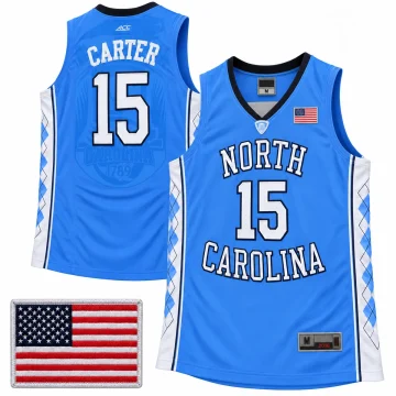 Vince Carter North Carolina Tar Heels number 15 light blue basketball jersey with black neckline, white argyle sides, US flag chest detail, ACC mark and tonal back graphic, front and back