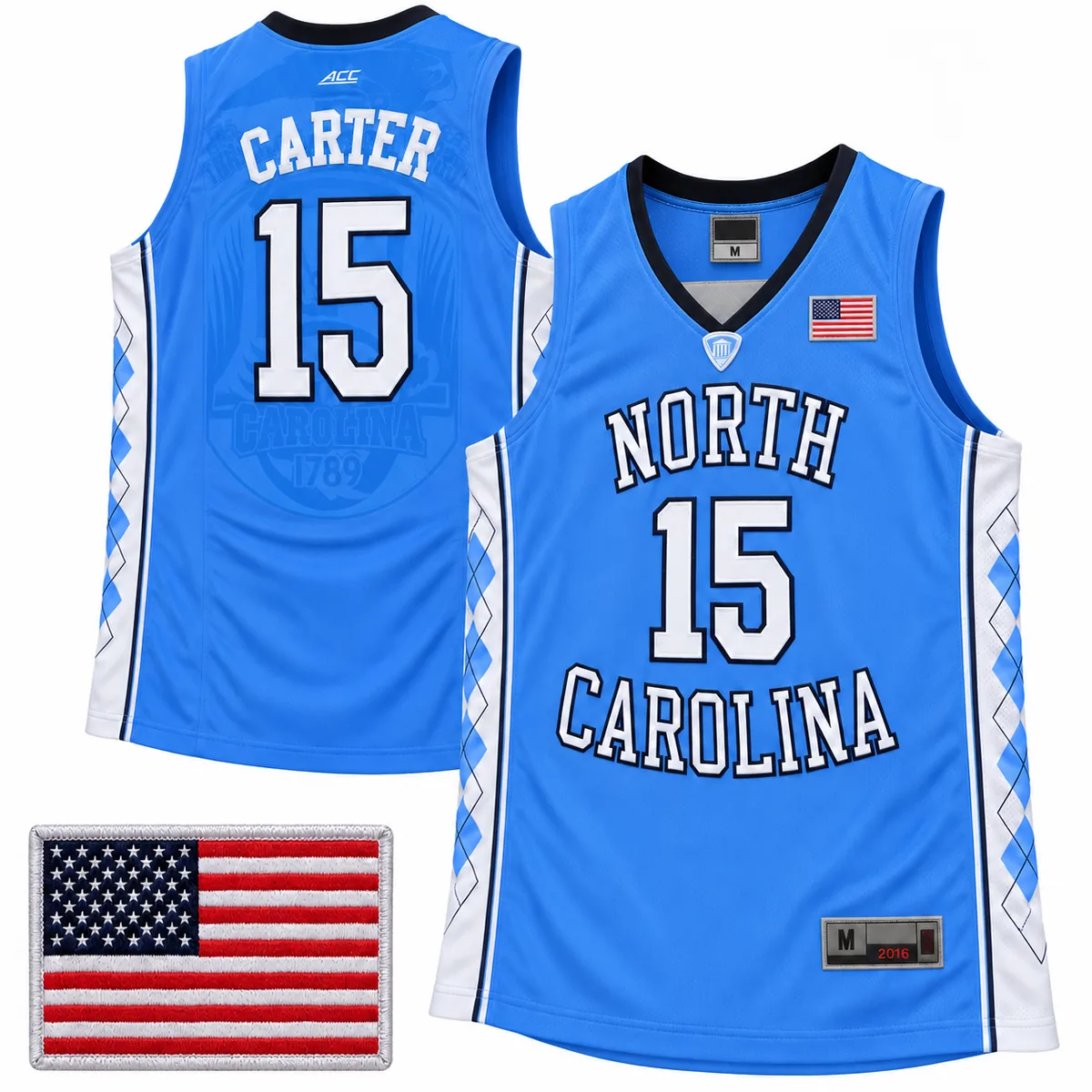 Vince Carter North Carolina Tar Heels 15 Light Blue USA Flag Basketball Jersey Main 001-125410 Vince Carter North Carolina Tar Heels number 15 light blue basketball jersey with black neckline, white argyle sides, US flag chest detail, ACC mark and tonal back graphic, front and back