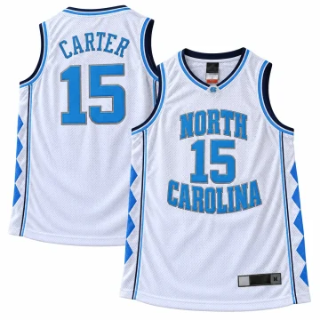 Vince Carter North Carolina Tar Heels number 15 white basketball jersey with blue lettering, navy and blue trim and blue and white argyle side panels, front and back