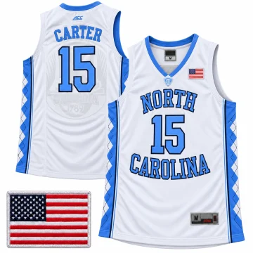 Vince Carter North Carolina Tar Heels number 15 white basketball jersey with Carolina blue argyle sides, US flag chest detail, ACC upper back mark and faint gray back graphic, front and back