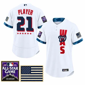 White Washington Nationals 2021 All-Star Game custom PLAYER 21 jersey, six red stars, front and back with Colorado All-Star and navy ivory U.S. flag sleeve patch insets on white