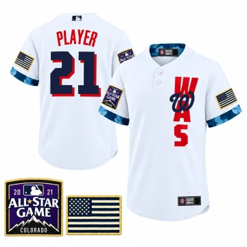 White Washington Nationals 2021 All-Star Game Cool Base custom PLAYER 21 jersey without stars below number, front and back with Colorado All-Star and navy ivory U.S. flag patch insets