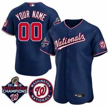 Navy Washington Nationals 2019 World Series Champions custom YOUR NAME 00 jersey front and back, Champions and Nationals roundel patch insets