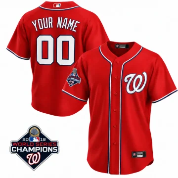 Red Washington Nationals 2019 World Series Champions custom YOUR NAME 00 jersey, full front and back with matching Champions sleeve patch inset