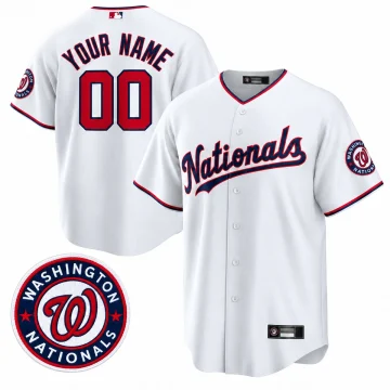 White Washington Nationals custom YOUR NAME 00 Cool Base style jersey, front without number and back on pure white with one matching sleeve patch inset