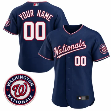 Navy Washington Nationals custom YOUR NAME 00 jersey, upright front and back on pure white with one matching roundel sleeve patch inset