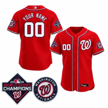 Scarlet Washington Nationals custom YOUR NAME 00 jersey, upright front and back on pure white with matching roundel and 2019 Champions sleeve patch insets