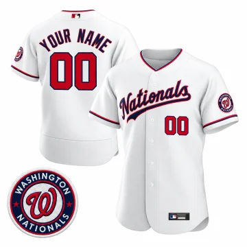White Washington Nationals custom YOUR NAME 00 jersey, upright front and back on pure white with one matching roundel sleeve patch inset
