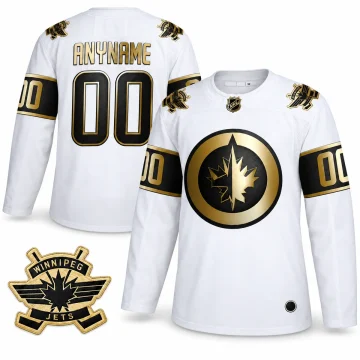 Custom Winnipeg Jets Golden Edition white jersey, front and back, with gold and black shoulder patch enlarged in the corner.
