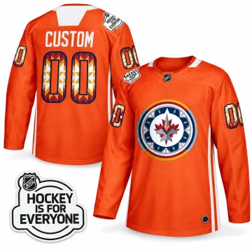 Custom Winnipeg Jets 2022 WASAC orange warmup jersey, front and back, with Indigenous number design and enlarged Hockey Is For Everyone shoulder patch.