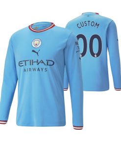 Custom Manchester City 2022-23 Home Long Sleeve Jersey Blue