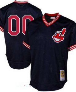 Custom Cleveland Indians Navy Blue Mesh Batting Practice Throwback Cooperstown Collection Baseball Jersey