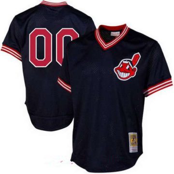 Custom Cleveland Indians Navy Blue Mesh Batting Practice Throwback Cooperstown Collection Baseball Jersey