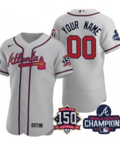 Custom Grey Atlanta Braves Active Player 2021 World Series Champions With 150th Anniversary Flex Base Stitched Jersey